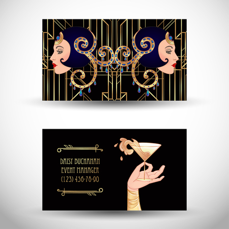 Female hand holding cocktail glass with  splash. Art deco (1920's style) vintage invitation template design for drink list, bar menu, glamour event, thematic wedding, jazz party flyer. Vector art.のイラスト素材