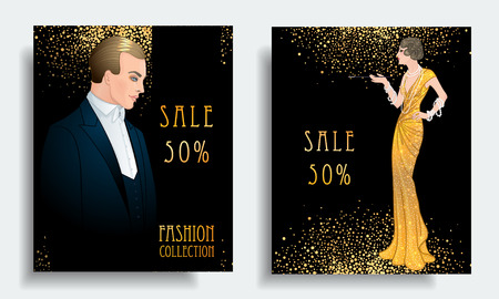 Retro fashion. Costume party or mafia game discount banner template. Flapper girl. Vintage background set. Vector illustration for glamour party, thematic wedding.