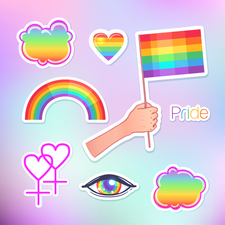 Love wins. LGBT logo symbols stickers. Flags, hearts. Badges, pins, patches, icons in rainbow colors. Gay pride collection, accessory kit. Colorful pride designs. Isolated vector illustrations.のイラスト素材