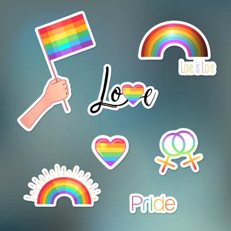 Love wins. LGBT logo symbols stickers. Flags, hearts. Badges, pins, patches, icons in rainbow colors. Gay pride collection, accessory kit. Colorful pride designs. Isolated vector illustrations. のイラスト素材