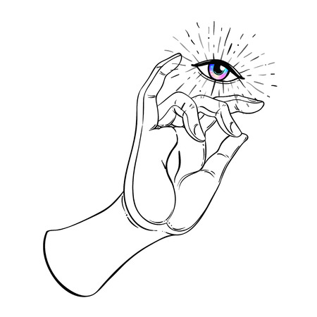 Lord Buddha's hand with eye holding Lotus flower. Isolated vector illustration of Mudra. Hindu motifs. Tattoo, yoga, spirituality, textiles. Sketchy style, hand drawn. Vintage drawing. のイラスト素材