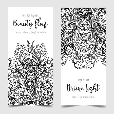 Stretch and Strength. Yoga card design template. Black and white banner for spiritual retreat or yoga studio. Ornamental business cards, oriental pattern. Vector illustration isolated.のイラスト素材