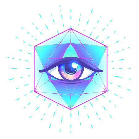 Blackwork tattoo flash. Eye of Providence. Masonic symbol. All seeing eye inside triangle pyramid. New World Order. Sacred geometry, religion, spirituality, occultism. Isolated vector illustration.のイラスト素材