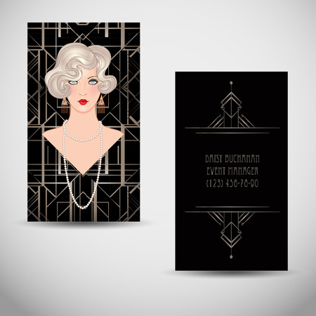 Art Deco vintage invitation template design with illustration of flapper girl. patterns and frames. Retro party background set. Vector for glamour event, thematic wedding or jazz party.のイラスト素材