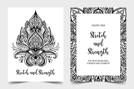 Stretch and Strength. Yoga card design template. Black and white banner for spiritual retreat or yoga studio. Ornamental business cards, oriental pattern. Vector illustration isolated.のイラスト素材