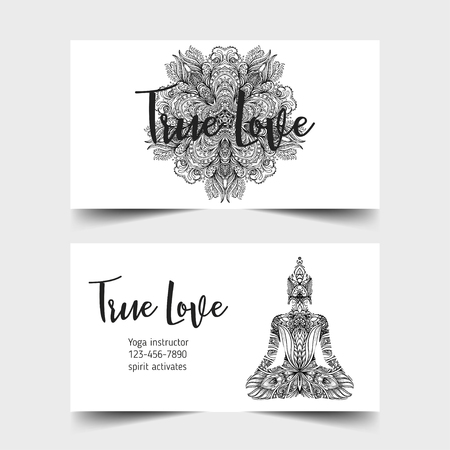 Stretch and Strength. Yoga card design template. Black and white banner for spiritual retreat or yoga studio. Ornamental business cards, oriental pattern. Vector illustration isolated.のイラスト素材