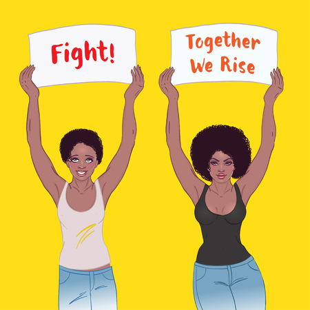 Young African American girl holding banner. Feminist protest concept. Black woman rights. Vector illustration isolated.のイラスト素材
