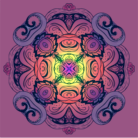 Vector ornamental mandala inspired ethnic art, patterned Indian paisley. Hand drawn illustration. Invitation element. Tattoo, astrology, alchemy, boho and magic symbol.のイラスト素材