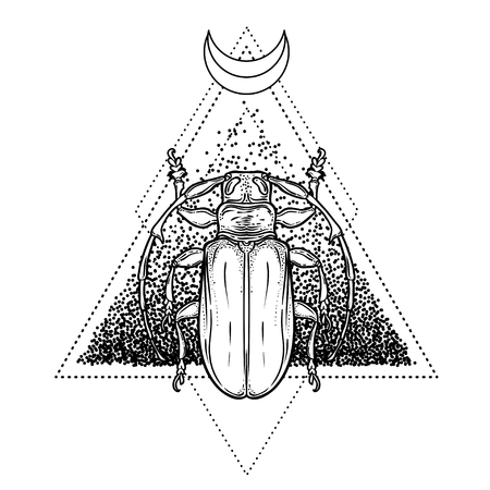 Black and white beetle over sacred geometry, isolated vector illustration. Tattoo sketch. Mystical symbols and insects. Alchemy, religion, occultism, spirituality, coloring book. Hand-drawn vintage.のイラスト素材