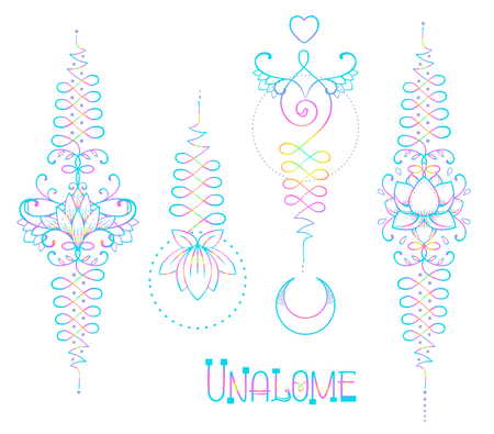 Lotus and Sacred Geometry. Unamole hindu symbol of wisdom and path to perfection. Set of tattoo flesh, yoga logo, Buddhism design. Boho print, poster, t-shirt textile. Isolated vector illustration setのイラスト素材