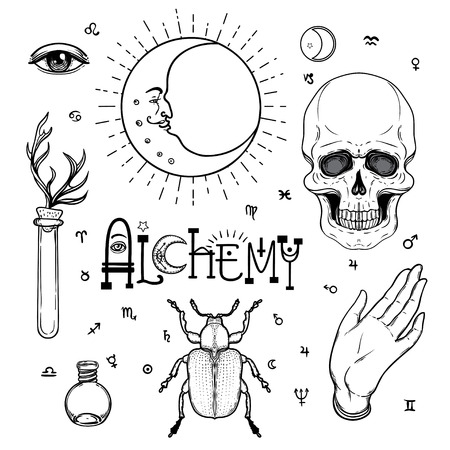 Alchemy symbol icon set. Spirituality, occultism, chemistry, magic tattoo concept. Vintage vector illustration collection with mystic and occult signs. Halloween, astrological elements.のイラスト素材