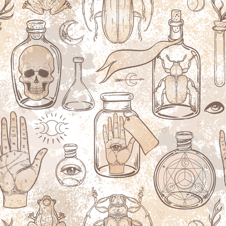 Mystic, magic, background. Religion and the occultism with esoteric and masonic symbols. Medieval manuscript inspired. Vector seamless pattern in retro style. Repeating Trendy stylish texture.のイラスト素材