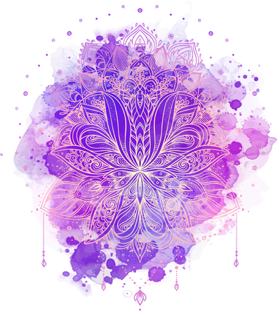 Lotus inspired ornate composition over colorful watercolor background. Hand drawn vintage style design element. Alchemy, spirituality, occultism, textiles art. Vector illustration for t-shirt printのイラスト素材