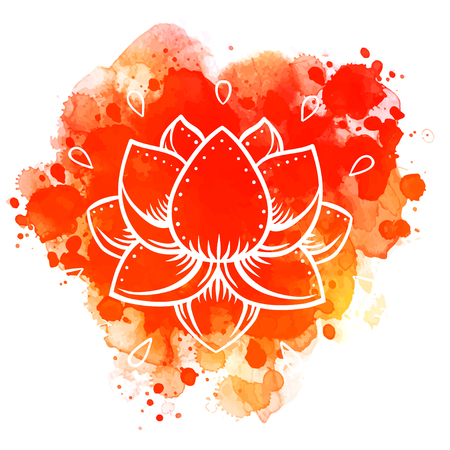 Lotus inspired ornate composition over colorful watercolor background. Hand drawn vintage style design element. Alchemy, spirituality, occultism, textiles art. Vector illustration for t-shirt printのイラスト素材