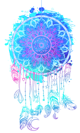 Hand drawn Native American Indian talisman dream catcher with mandala round pattern, feathers, moon. Vector illustration over watercolor. Ethnic design, boho, dreamcatcher tribal symbol.のイラスト素材
