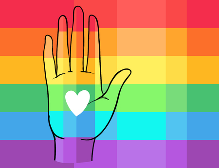 Rainbow colored open hand raised up. Gay Pride. LGBT concept. Realistic style vector colorful illustration of painted human palm. Sticker, patch, t-shirt print, logo design.のイラスト素材