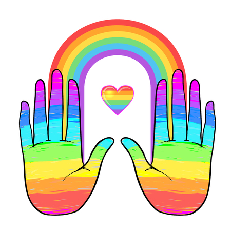 Rainbow colored open hand raised up.のイラスト素材