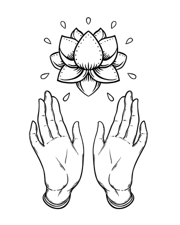 Lord Buddha's open hands holding Lotus flower. Isolated vector illustration of Mudra.のイラスト素材