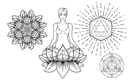 Set of Ornamental Boho Chic Style Elements. Vector Buddha illustration.のイラスト素材