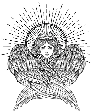Sirin, Alkonost, Gamayun mythological creature of Russian legends. Angel girl with wings. Isolated hand drawn vector illustration. Trendy Vintage style element. Spirituality, occultism, alchemy, magicのイラスト素材