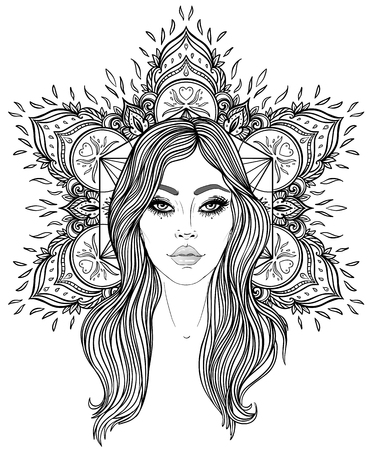 Tribal Fusion Boho Diva. Beautiful Asian divine girl with ornate crown, kokoshnik inspired. Bohemian goddess. Hand drawn elegant illustration. Lotus flower, ethnic art, patterned Indian paisley.のイラスト素材