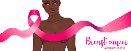 October: Breast Cancer Awareness Month, annual campaign to increase awareness of the disease. African American woman with breast cancer awareness pink ribbon, vector illustration health, medicineのイラスト素材