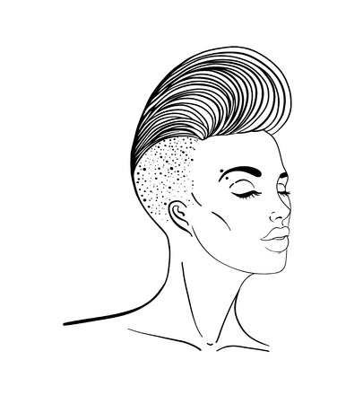 Portrait of a young pretty woman with short side shaved haircut. Rainbow colored hair. LGBT concept. Vector illustration isolated on white. Hand drawn art of a modern girl.のイラスト素材