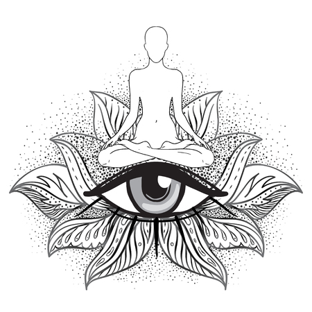 Chakra concept. Inner love, light and peace. Buddha silhouette in lotus position over ornate mandala. Vector illustration isolated on white. Buddhism esoteric motifs. Tattoo, spiritual yoga.のイラスト素材