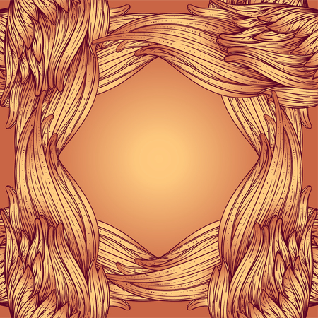 Golden background with frame of feathers. Golden pattern on the black backdrop. Hand drawn amgelic print.のイラスト素材