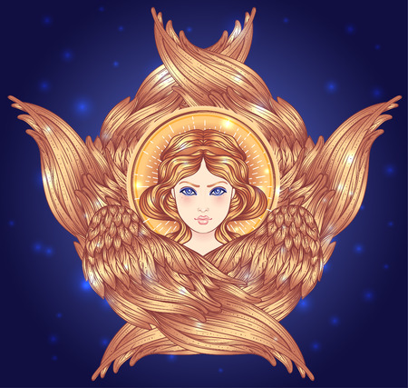 Seraph, six winged Angel. Isolated hand drawn vector illustration. Highest rank in Christian angelology. Trendy Vintage style element. Spirituality, occultism, alchemy, magic, love. Golden Halo.のイラスト素材