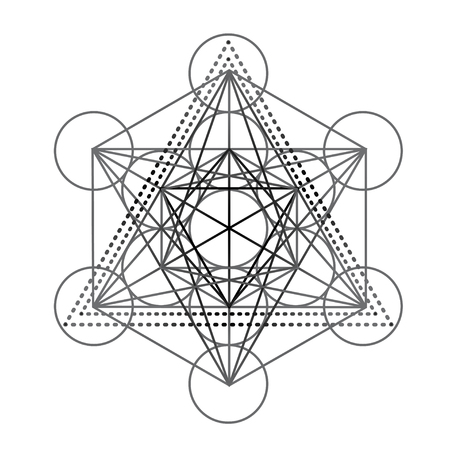 Metatrons Cube, Flower of life, feathers. Vector hipster illustration isolated. Ethnic design, boho, dreamcatcher tribal symbol. Coloring book for adultsのイラスト素材