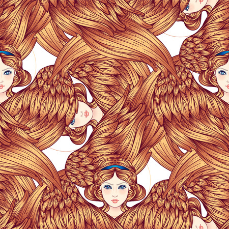 Seraph, six winged Angel. Seamless pattern. Color hand drawn vector illustration. Highest rank in Christian angelology. Trendy Vintage style element. Spirituality, occultism, alchemy, magic, love.のイラスト素材