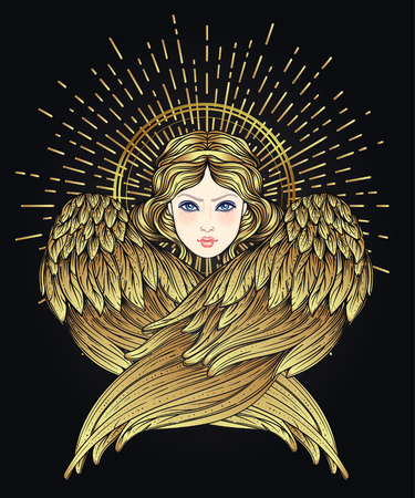 Sirin, Alkonost, Gamayun mythological creature of Russian legends. Angel girl with wings. Isolated hand drawn vector illustration. Trendy Vintage style element. Spirituality, occultism, alchemy, magicのイラスト素材