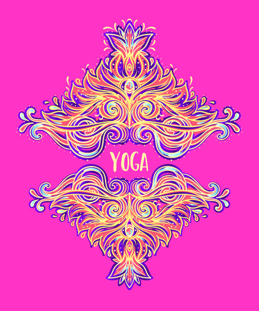 Stretch and Strength. Yoga card design. Colorful template for spiritual retreat or yoga studio. Ornamental business cards, oriental pattern. Vector illustrationのイラスト素材
