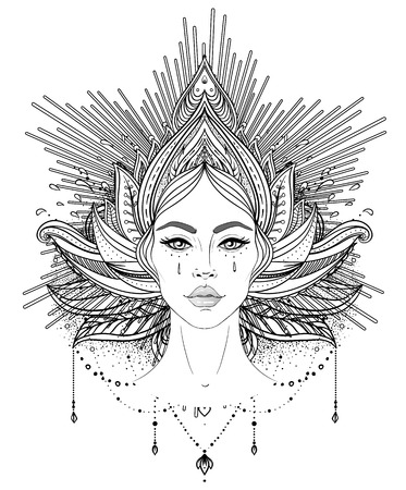 Tribal Fusion Boho Diva. Beautiful Asian divine girl with ornate crown, kokoshnik inspired. Bohemian goddess. Hand drawn elegant illustration. Lotus flower, ethnic art, patterned Indian paisley.のイラスト素材