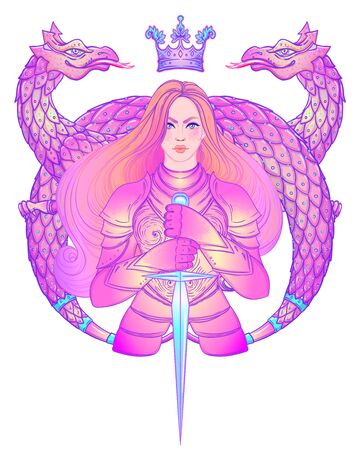 Portrait of beautiful girl with dragon.のイラスト素材