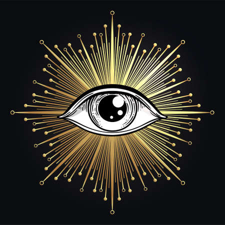 Blackwork tattoo flash. Eye of Providence. Masonic symbol. All seeing eye inside triangle pyramid. New World Order. Sacred geometry, religion, spirituality, occultism. Isolated vector illustration.のイラスト素材