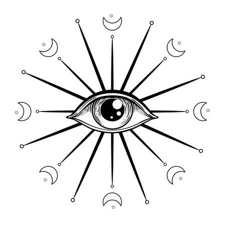 Blackwork tattoo flash. Eye of Providence. Masonic symbol. All seeing eye inside triangle pyramid. New World Order. Sacred geometry, religion, spirituality, occultism. Isolated vector illustration.のイラスト素材