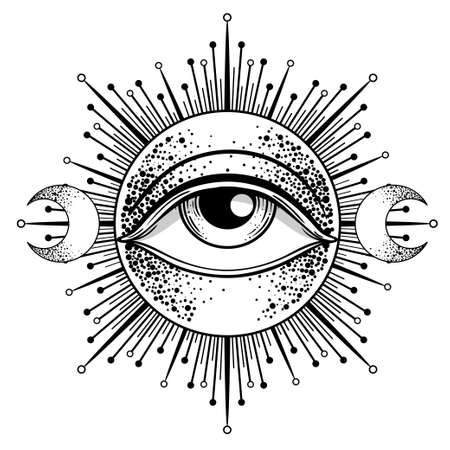 Blackwork tattoo flash. Eye of Providence. Masonic symbol. All seeing eye inside triangle pyramid. New World Order. Sacred geometry, religion, spirituality, occultism. Isolated vector illustration.のイラスト素材