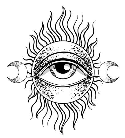 Blackwork tattoo flash. Eye of Providence. Masonic symbol. All seeing eye inside triangle pyramid. New World Order. Sacred geometry, religion, spirituality, occultism. Isolated vector illustration.のイラスト素材