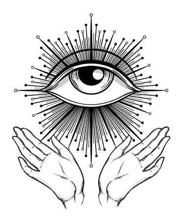 Blackwork tattoo flash. Eye of Providence. Masonic symbol. All seeing eye inside triangle pyramid. New World Order. Sacred geometry, religion, spirituality, occultism. Isolated vector illustration.のイラスト素材