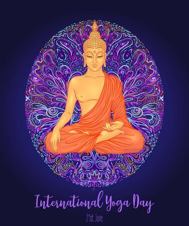 Yoga card, flyer, poster, mat design. Colorful neon template for spiritual retreat or yoga studio. Ornamental business cards, oriental pattern. Vector illustration. Sticker, patch, 60s hippie art.のイラスト素材