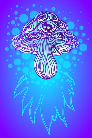Magic mushrooms. Psychedelic hallucination. Vibrant vector illustration. 60s hippie colorful art. Decoration in ethnic boho style tattoo. Alchemy or astrology, esoteric or festive design.のイラスト素材