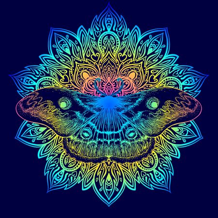 Moth over mandala. Beautiful vintage round pattern. Vector illustration. Psychedelic neon composition. のイラスト素材