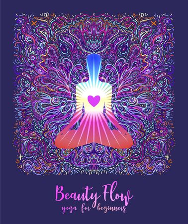 Yoga card, flyer, poster, mat design. Colorful neon template for spiritual retreat or yoga studio. Ornamental business cards, oriental pattern. Vector illustration. Sticker, patch, 60s hippie art.のイラスト素材