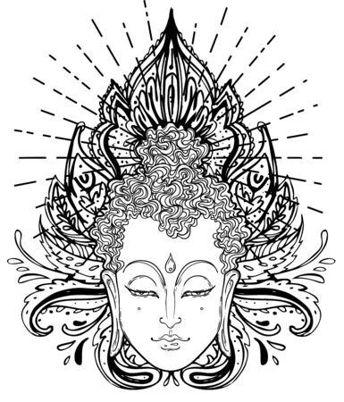 Buddha face over ornate mandala round pattern. Esoteric vintage vector illustration. Indian, Buddhism, spiritual art. Hippie tattoo, spirituality, Thai god, yoga zen Coloring book pages for adults.のイラスト素材