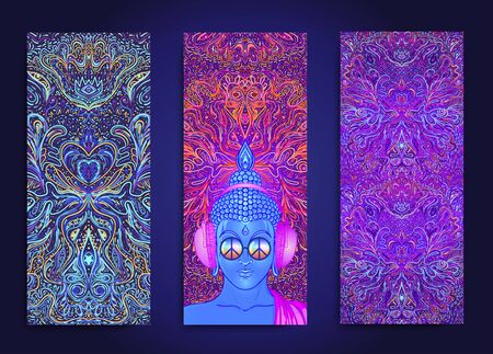 Yoga card, flyer, poster, mat design. Colorful neon template for spiritual retreat or yoga studio. Ornamental business cards, oriental pattern. Vector illustration. Sticker, patch, 60s hippie art.のイラスト素材