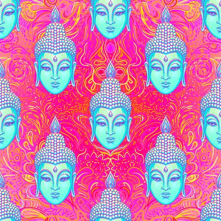 Sitting Buddha over colorful neon background. Seamless pattern. Vector illustration. Psychedelic mushroom composition. Indian, Buddhism, Spiritual Tattoo, yoga, spirituality. 60s hippie colorful art.のイラスト素材