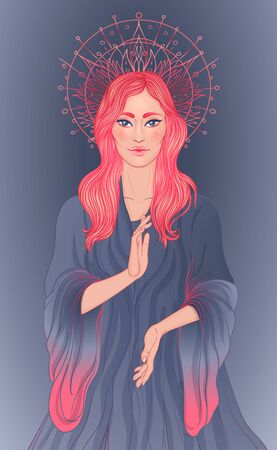 Lady of Sorrow. Devotion to the Immaculate Heart of Blessed Virgin Mary, Queen of Heaven. Vector illustration over halo or ornate mandala isolated. Hand-drawn, religion, spirituality, occultism.のイラスト素材