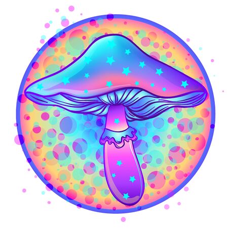 Magic mushrooms. Psychedelic hallucination. Vibrant vector illustration. 60s hippie colorful art.のイラスト素材